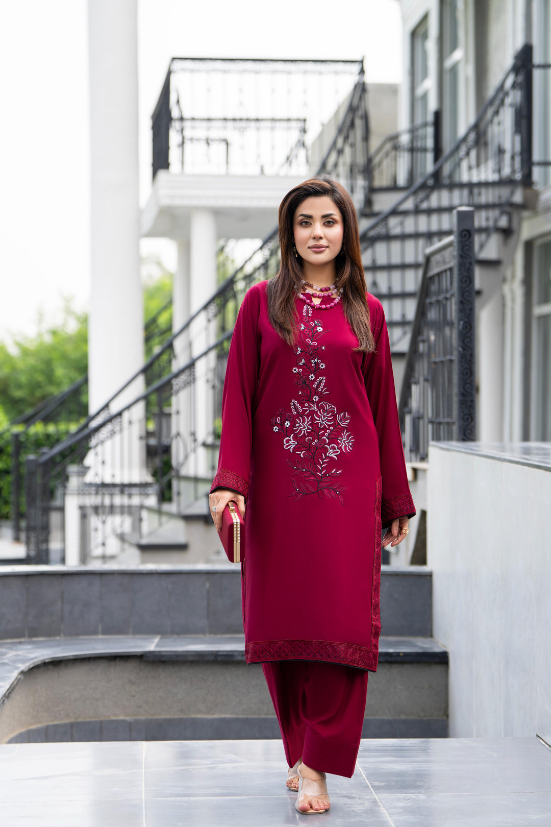 Embroidered Linen Maroon Stitched Suit - Raqsam