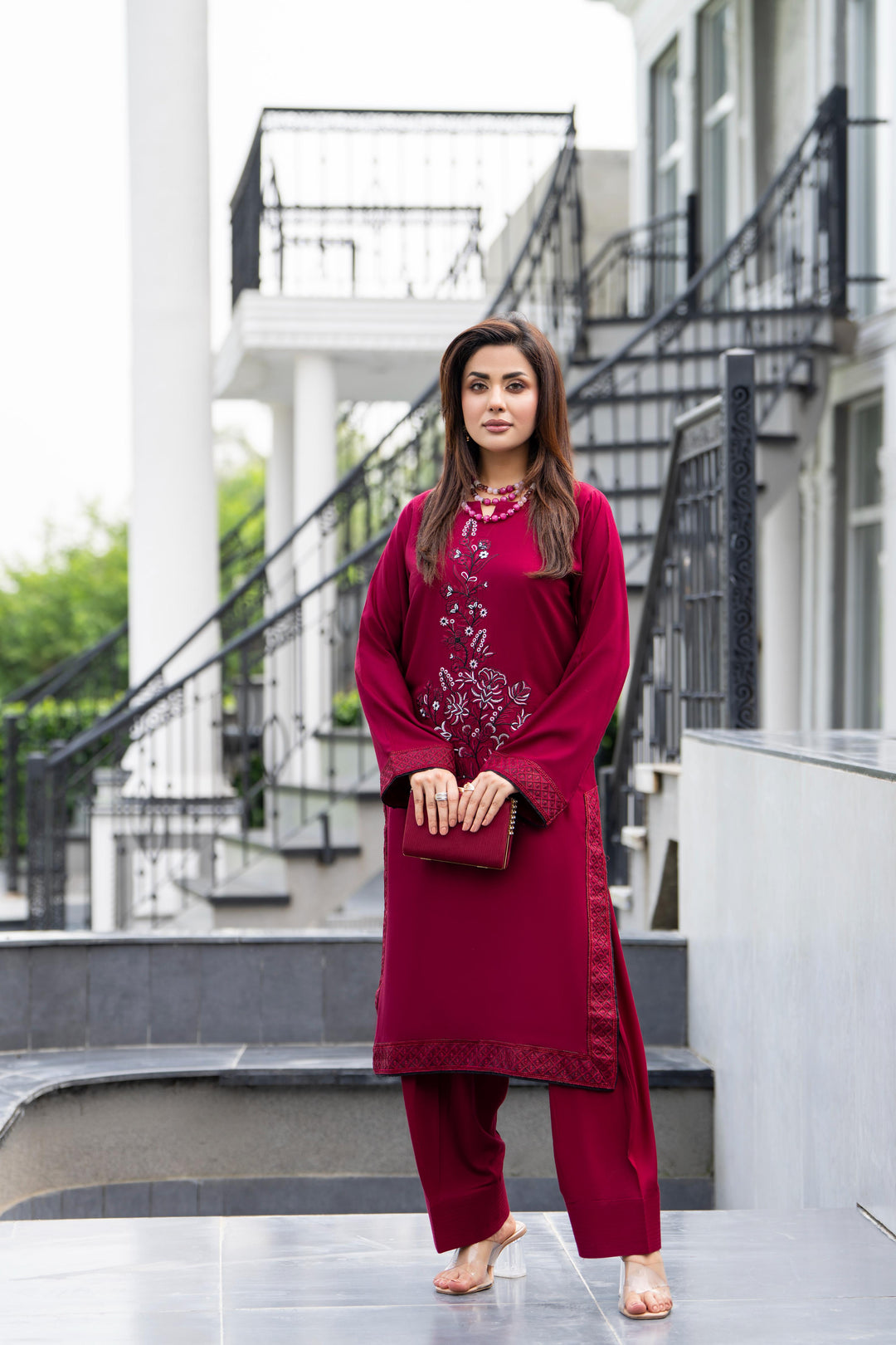 Embroidered Linen Maroon Stitched Suit - Raqsam