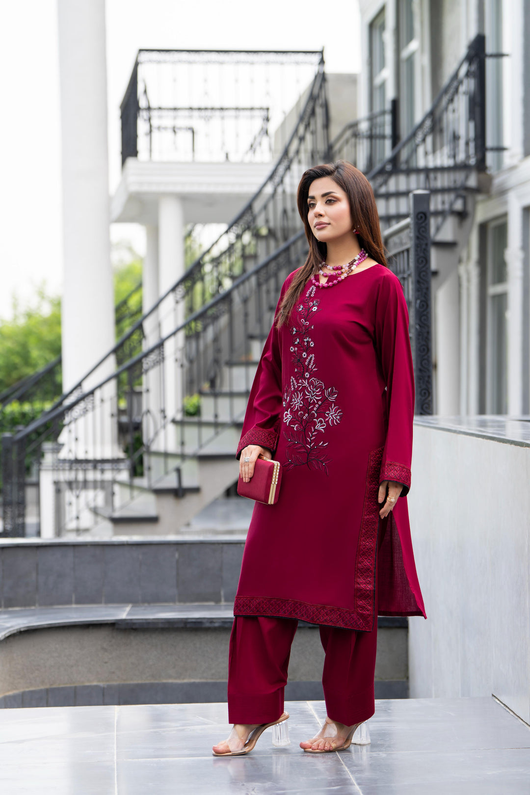 Embroidered Linen Maroon Stitched Suit - Raqsam