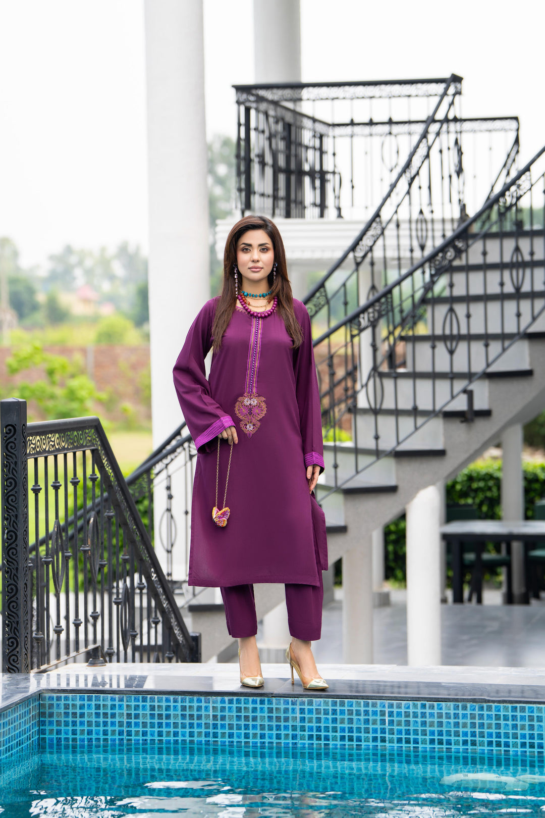 Embroidered Linen Purple Stitched Suit - Raqsam