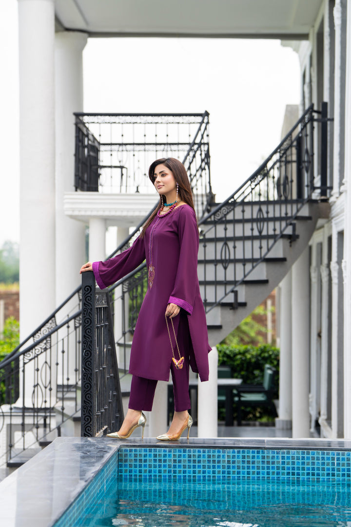 Embroidered Linen Purple Stitched Suit - Raqsam