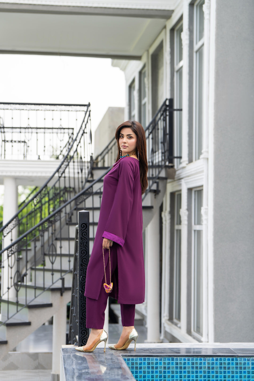 Embroidered Linen Purple Stitched Suit - Raqsam