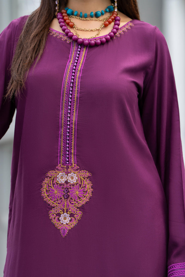 Embroidered Linen Purple Stitched Suit - Raqsam