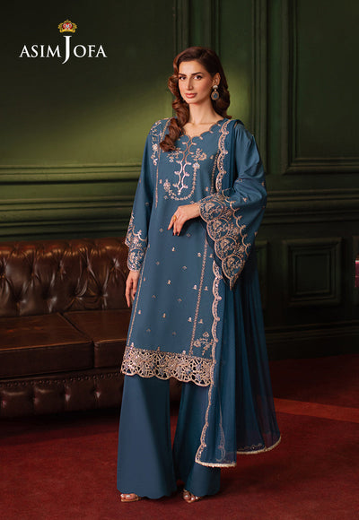 Embroidered Silk Blue Stitched Suit - Asim Jofa