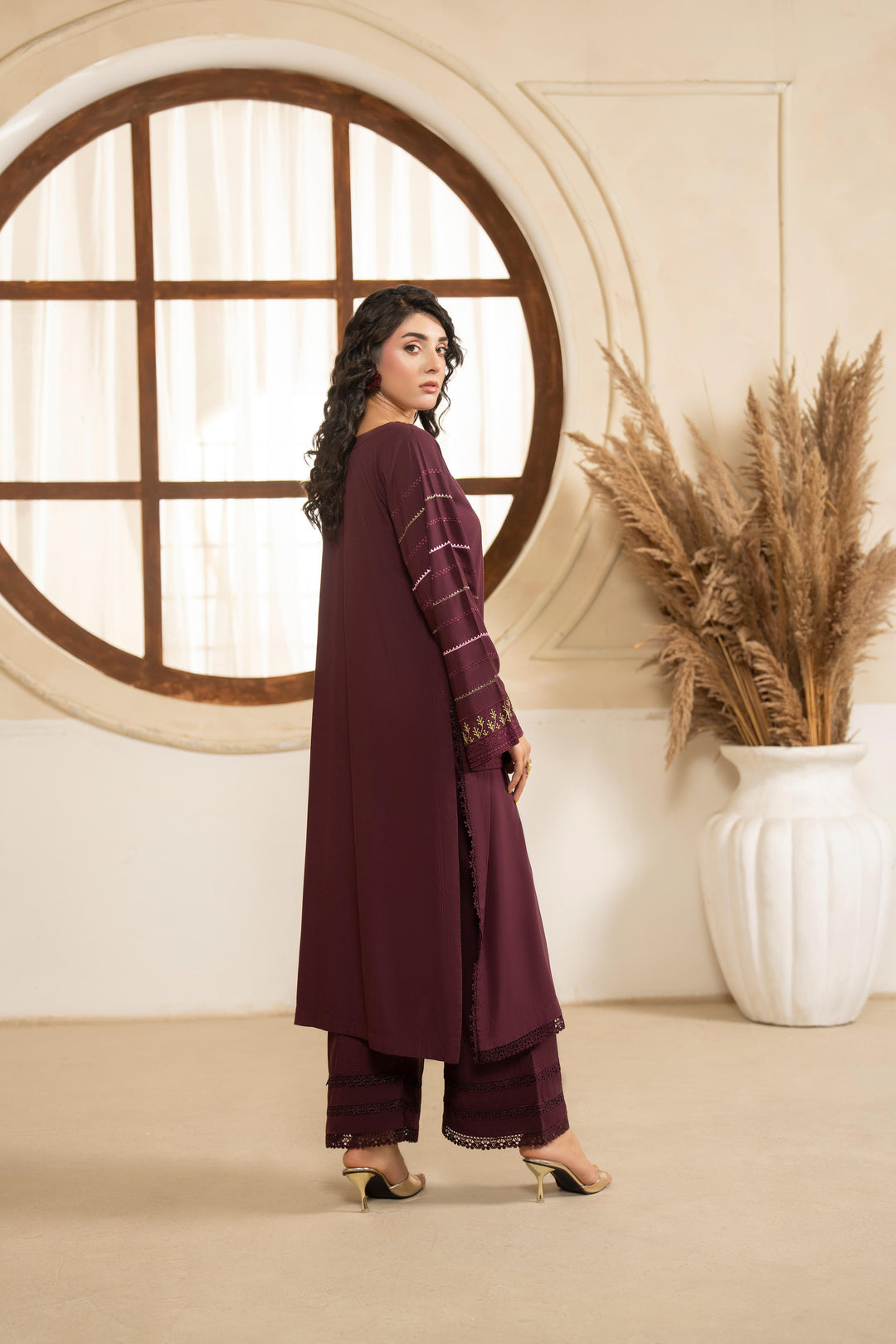 Linen Plum Stitched Suit  - Raqsam