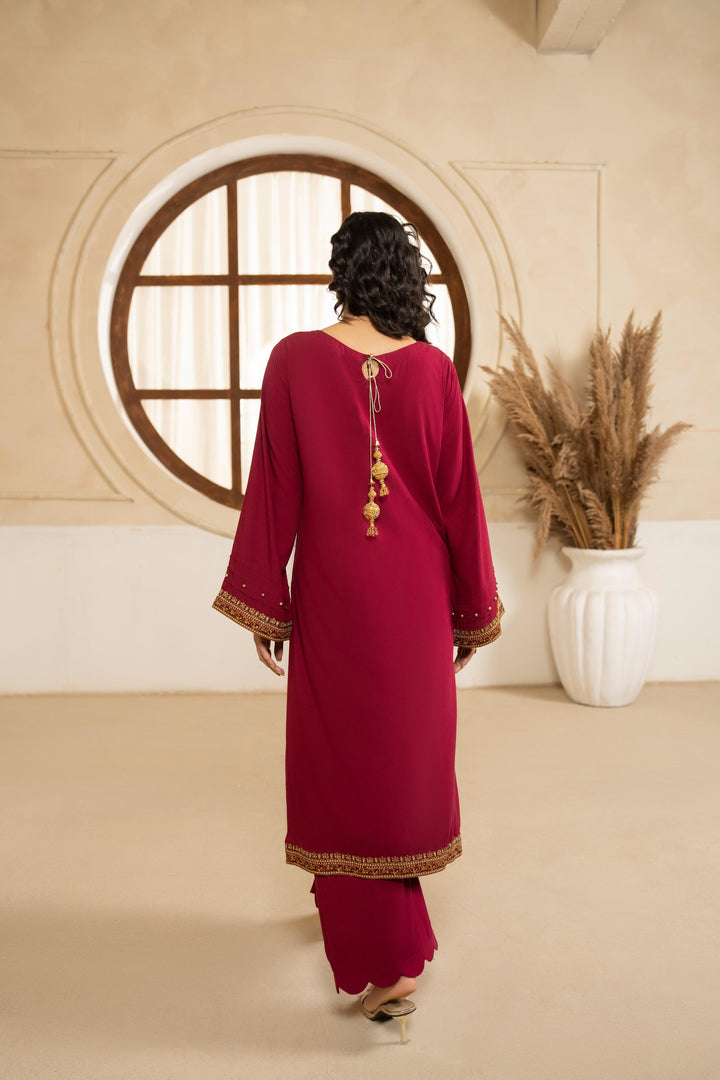 Linen Maroon Stitched Suit  - Raqsam