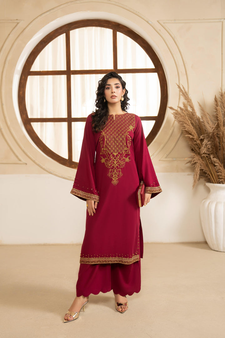 Linen Maroon Stitched Suit  - Raqsam