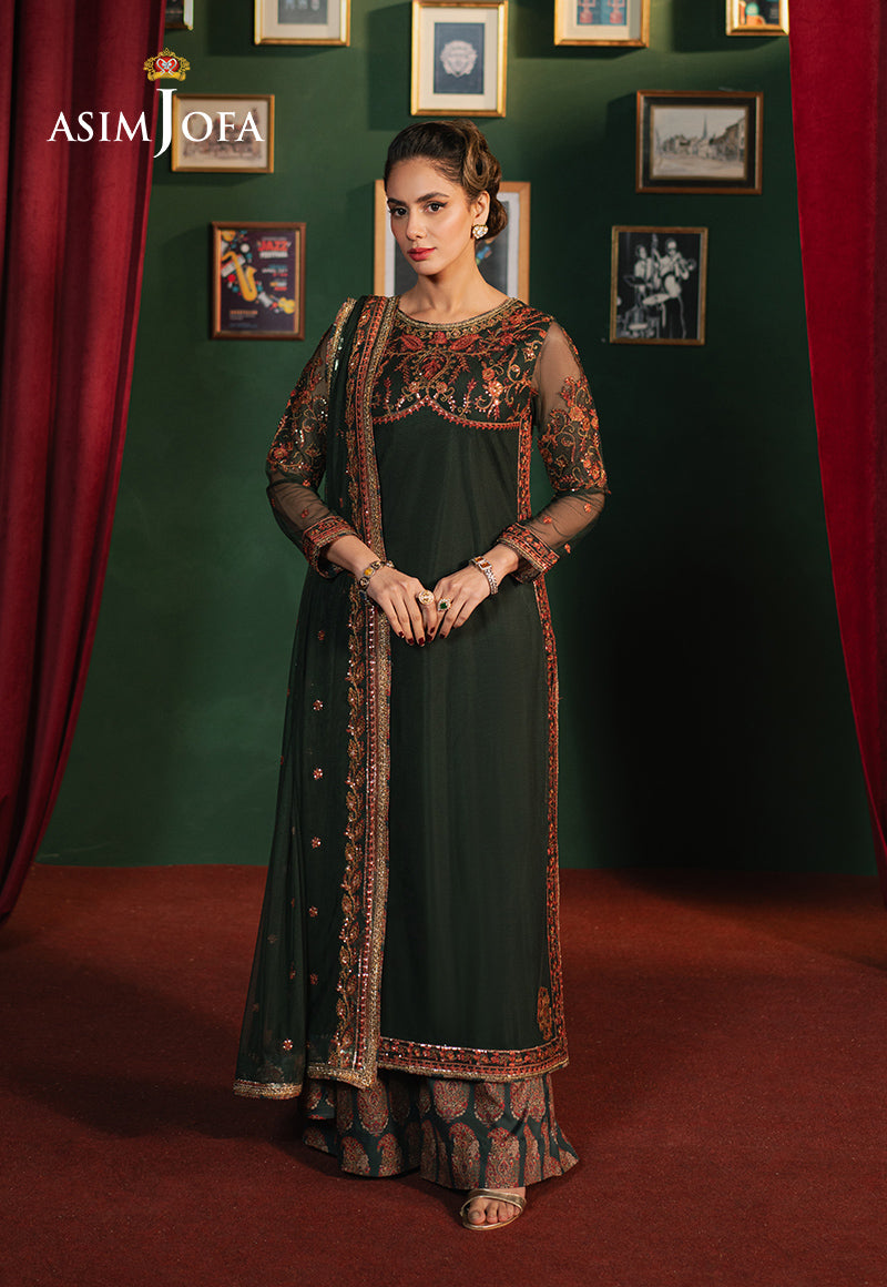 Embroidered Net Green Stitched Suit - Asim Jofa