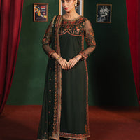 Embroidered Net Green Stitched Suit - Asim Jofa