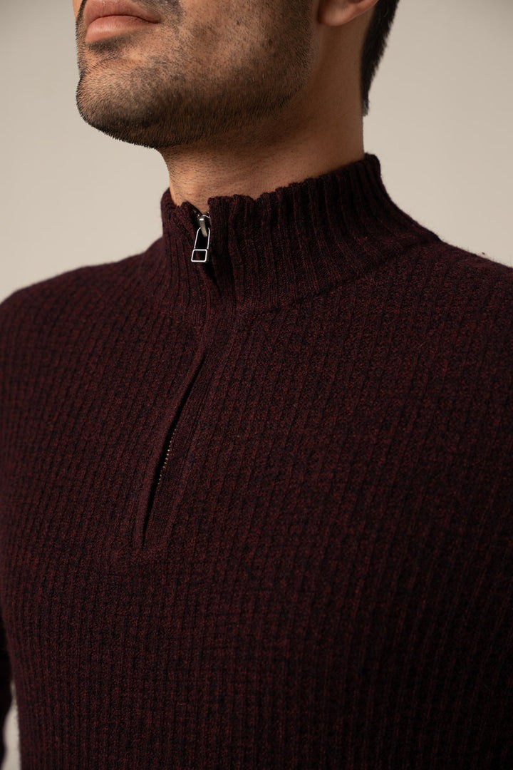 Lambs Wool Burgundy Designer Zipper Sweater - Cambridge