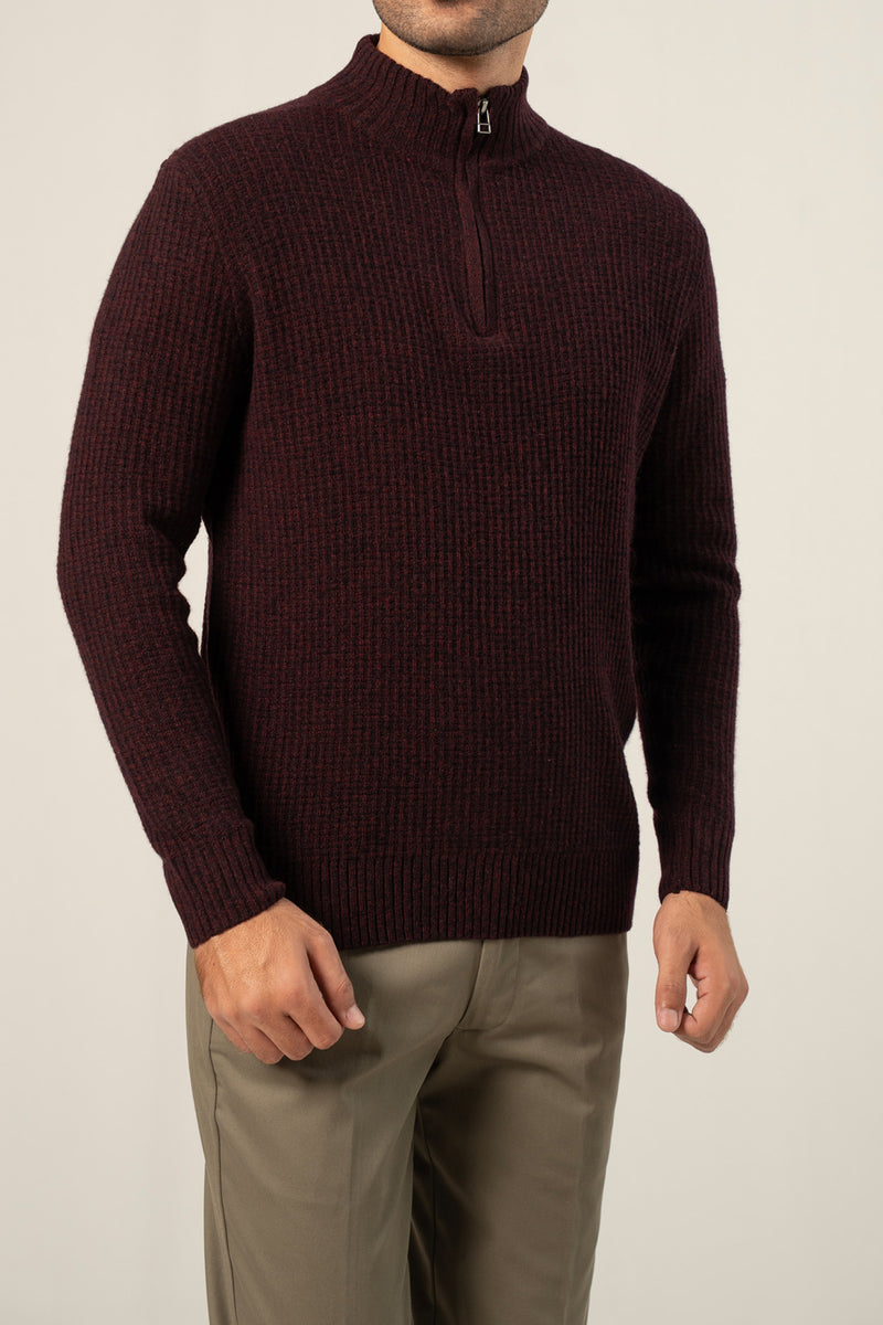 Lambs Wool Burgundy Designer Zipper Sweater - Cambridge
