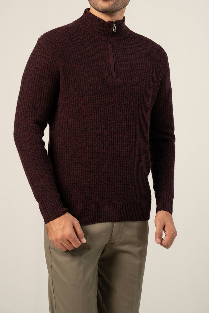 Lambs Wool Burgundy Designer Zipper Sweater - Cambridge