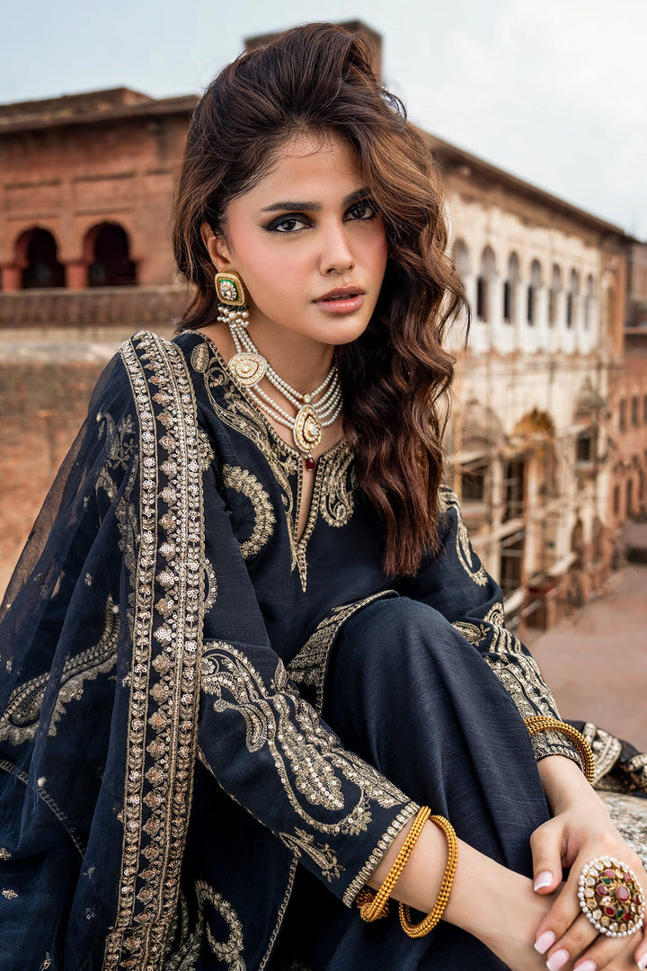 Embroidered Raw Silk Black Stitched Suit - Charizma