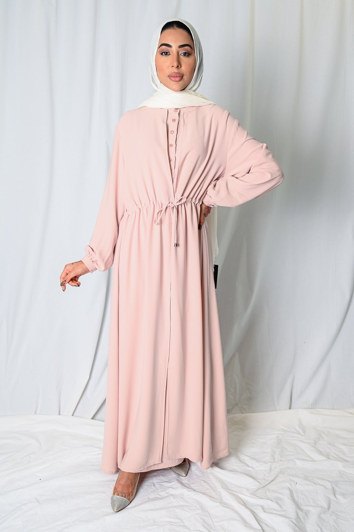 Powder Pink Drawstring Open Abaya