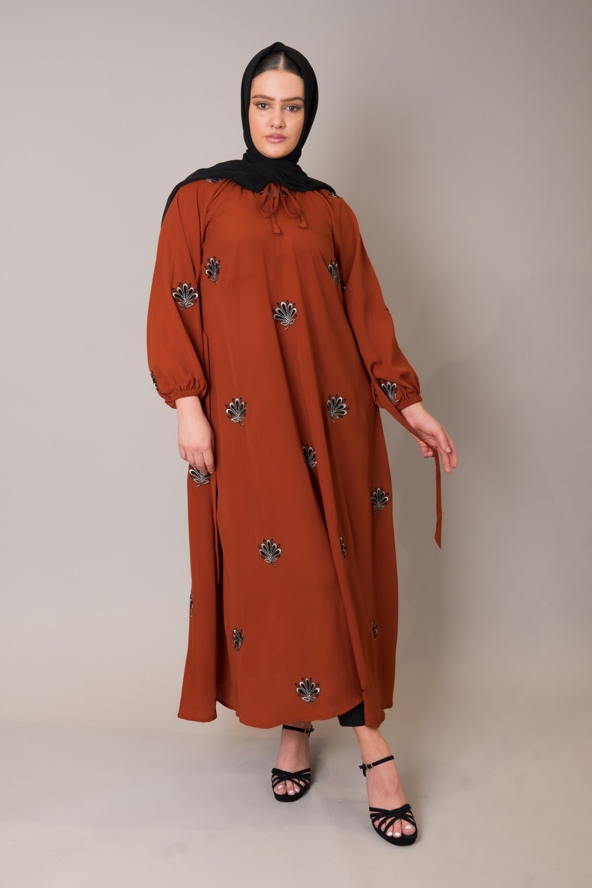 Rust Embroidered Midi Dress