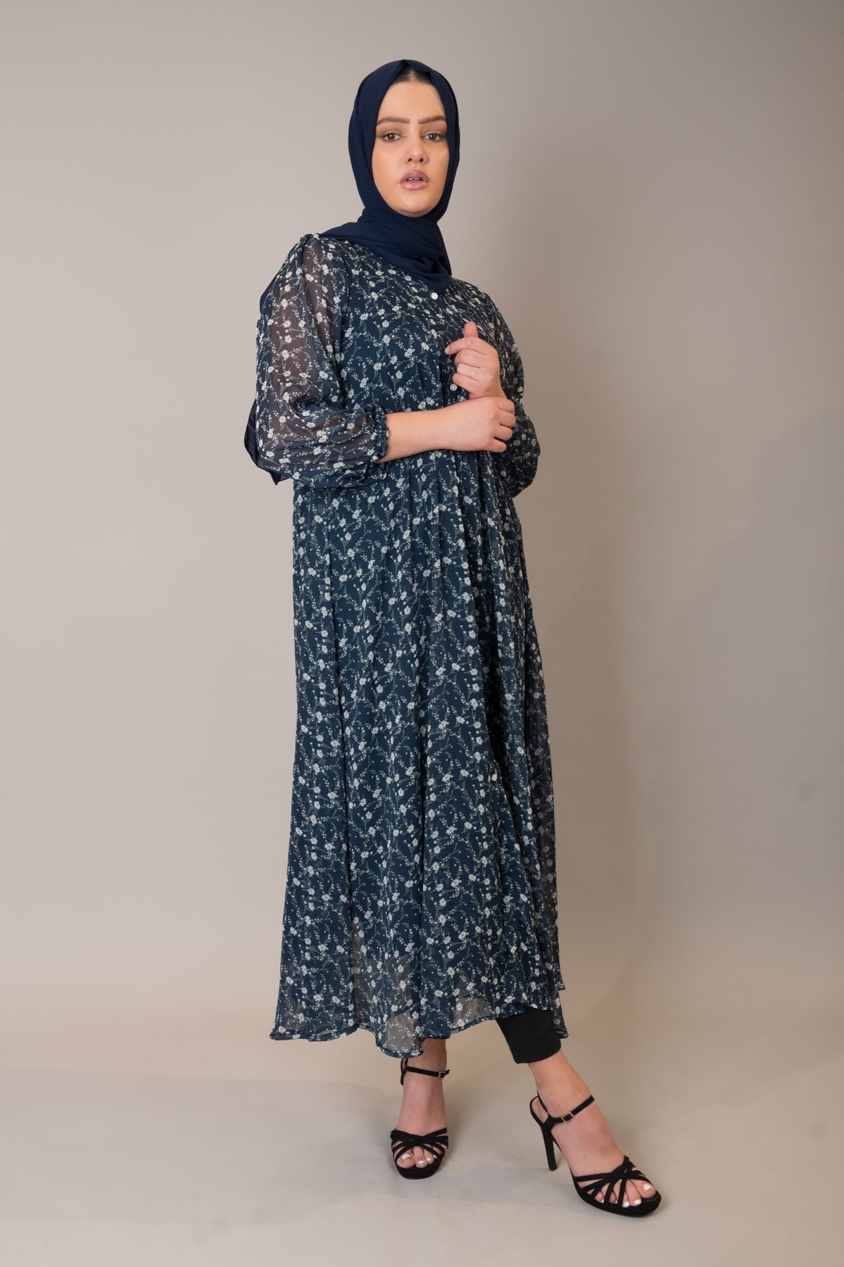 Navy Ditsy Floral Midi Dress