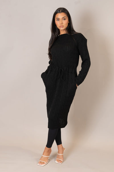 Black Drawstring Cable Knit Dress