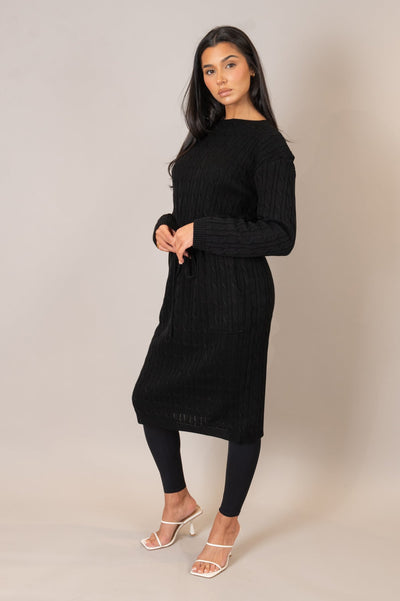 Black Drawstring Cable Knit Dress