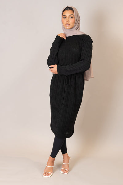 Black Drawstring Cable Knit Dress