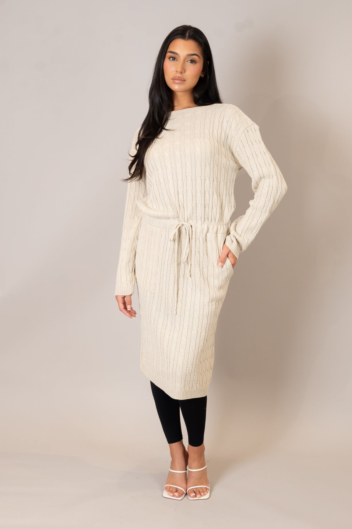 Stone Drawstring Cable Knit Dress