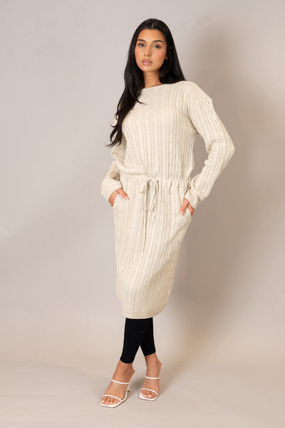 Stone Drawstring Cable Knit Dress