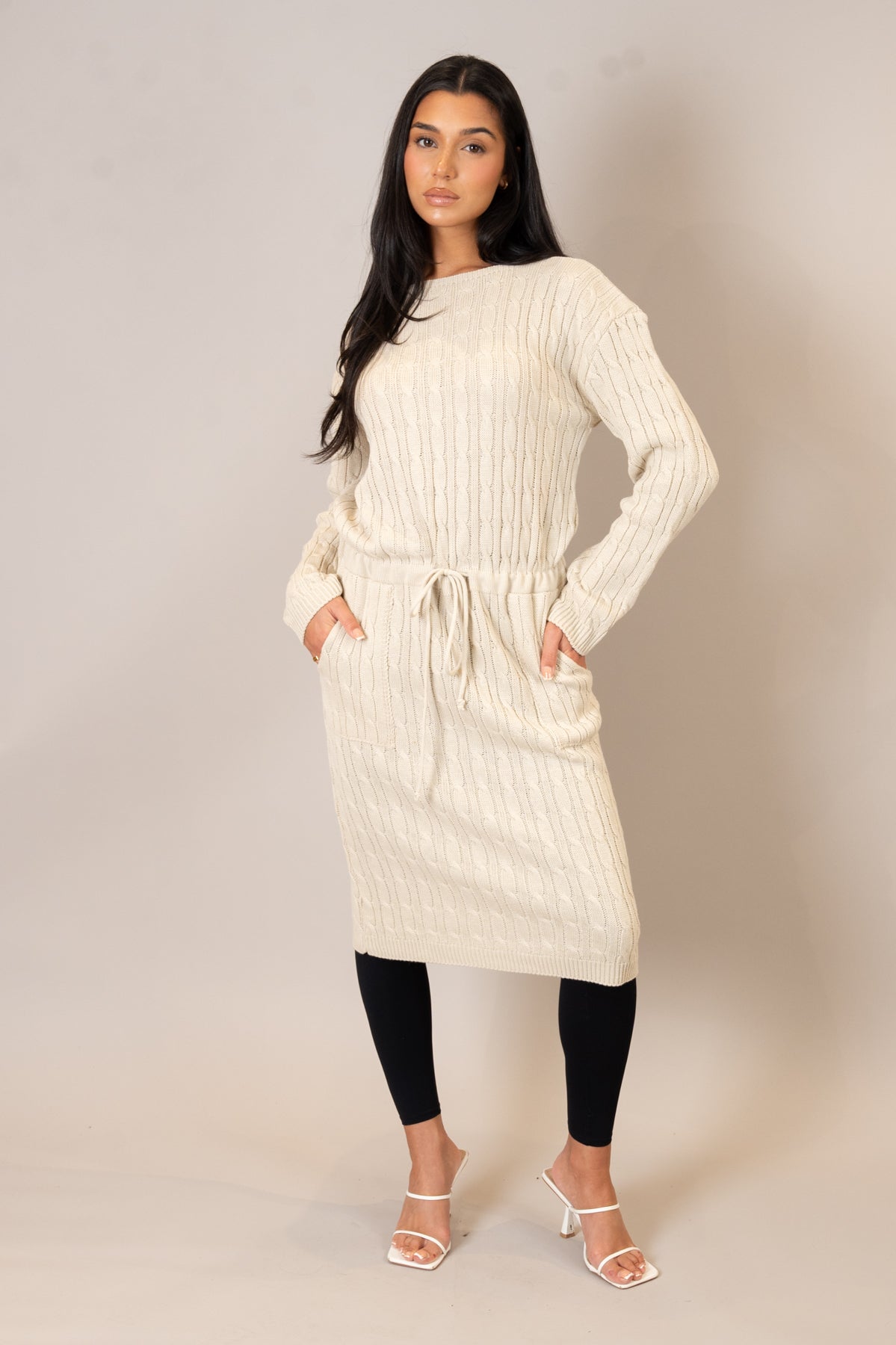 Stone Drawstring Cable Knit Dress