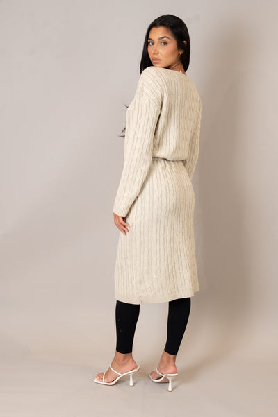 Stone Drawstring Cable Knit Dress