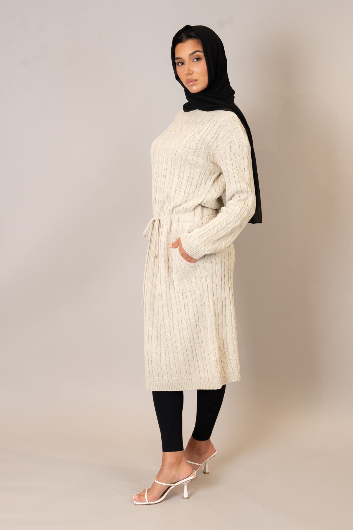 Stone Drawstring Cable Knit Dress