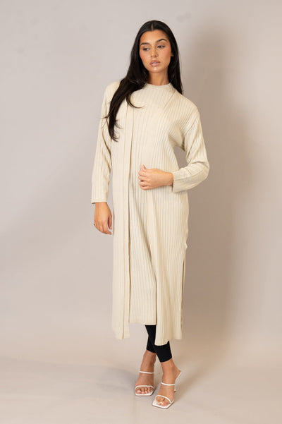 Stone Ribbed Knit Cardigan Co-Ord