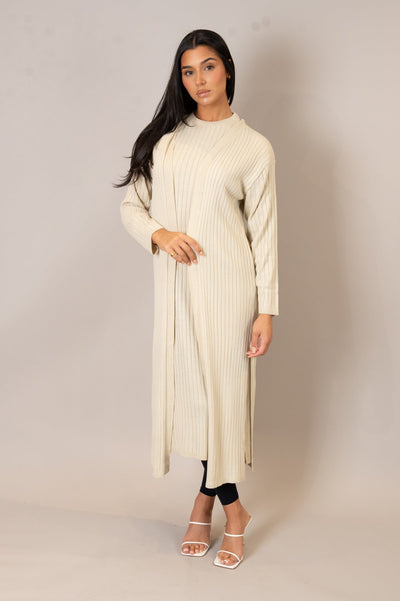 Stone Ribbed Knit Cardigan Co-Ord