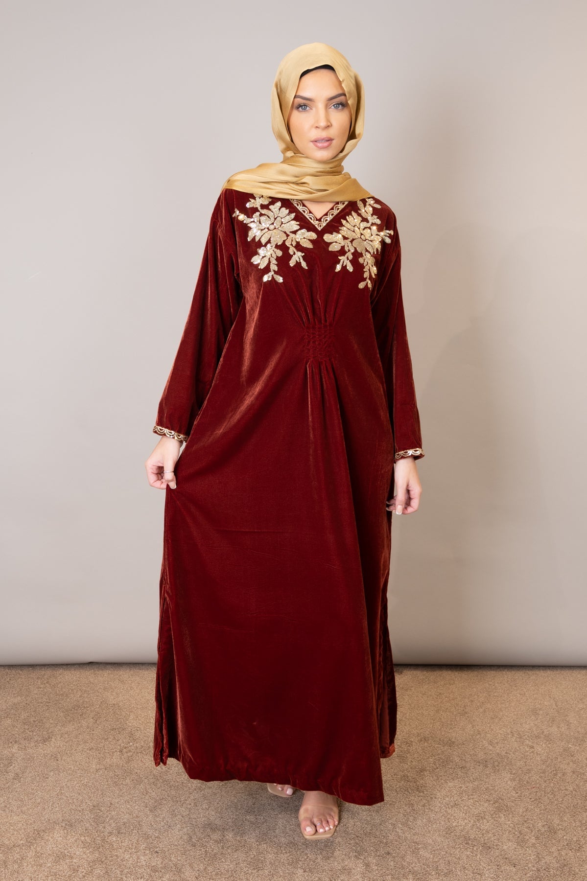 Rust Velvet Embroidered Kaftan