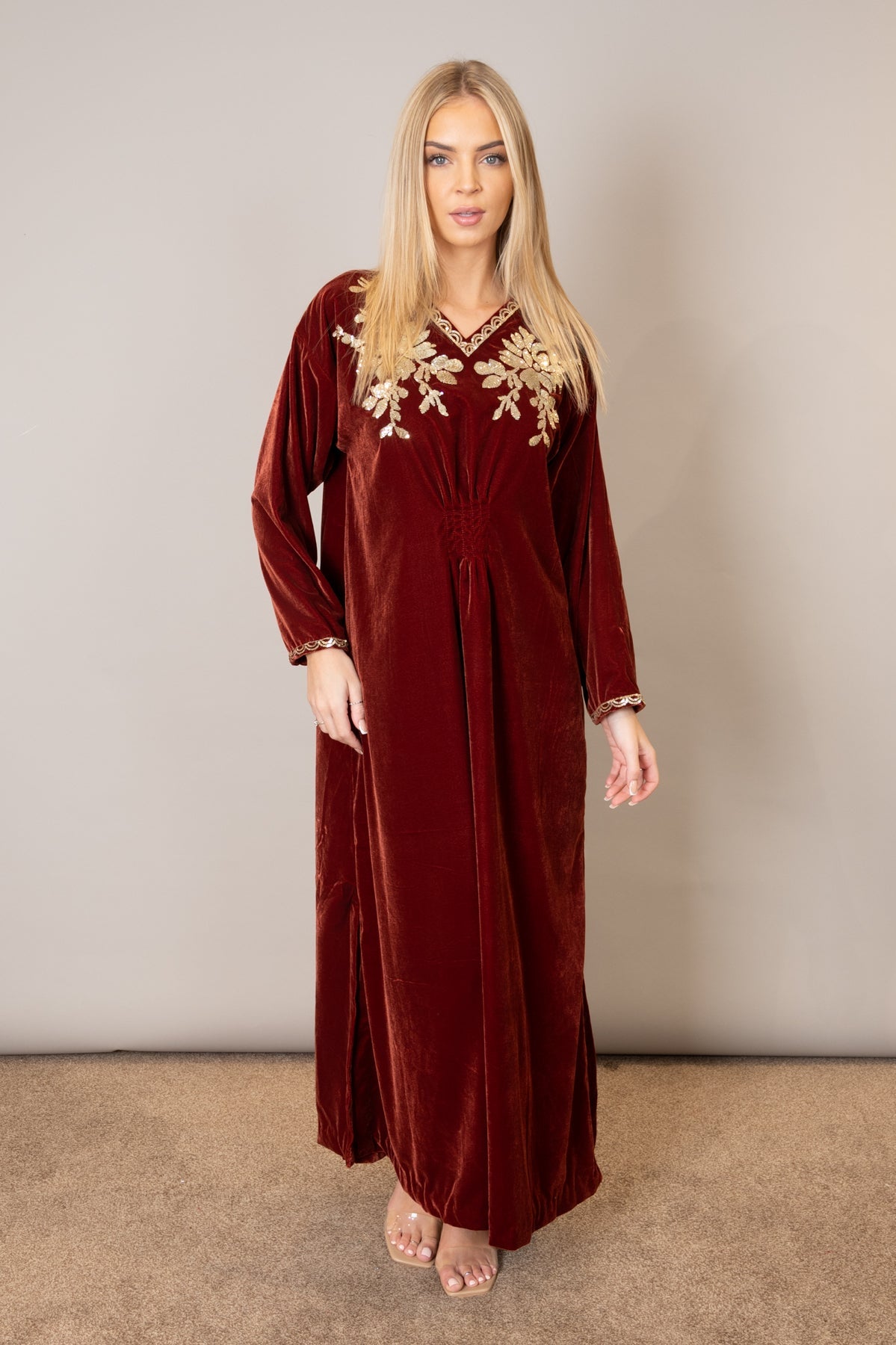 Rust Velvet Embroidered Kaftan