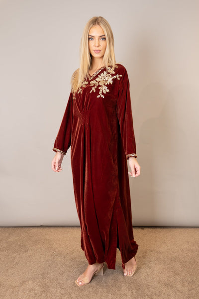 Rust Velvet Embroidered Kaftan