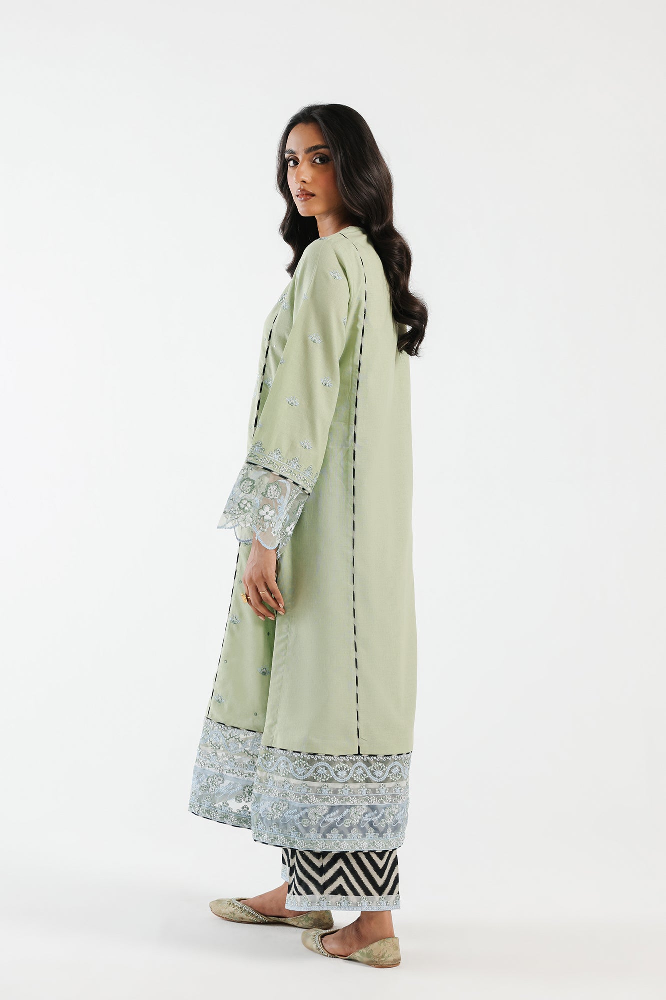 Cotton Linen Apple Green Stitched Suit - Ethnic