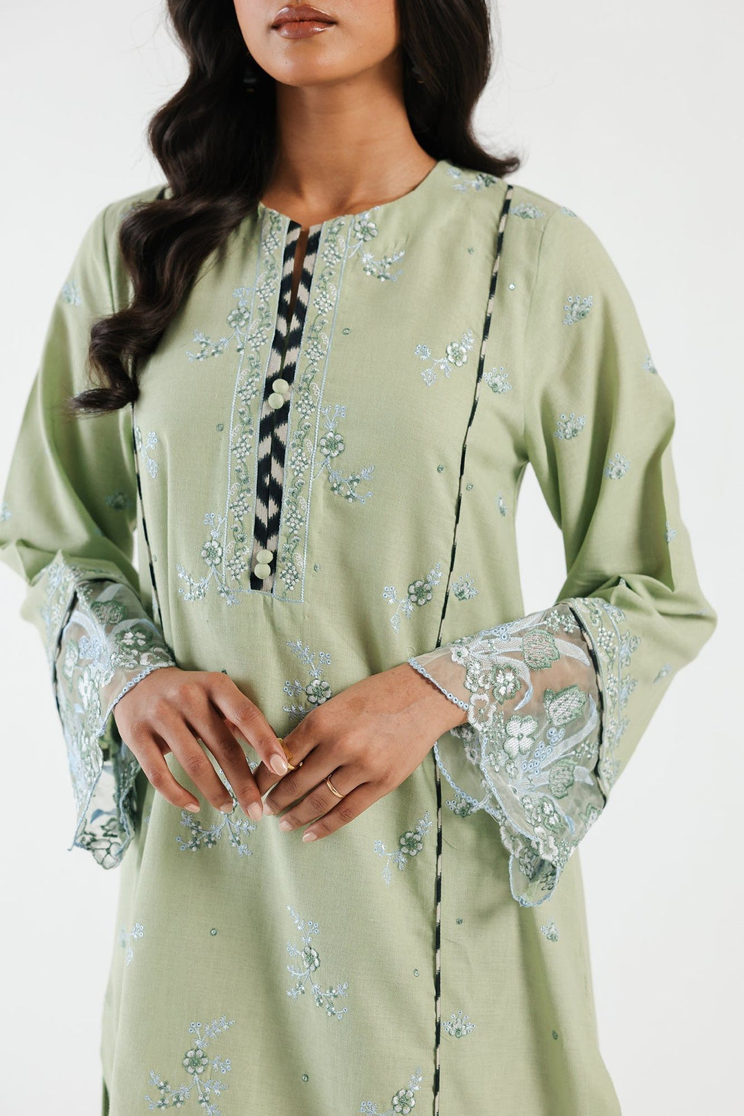 Filament Apple Green Stitched Suit - Ethnic Janan Filament Apple Green Stitched Suit - Ethnic Janan