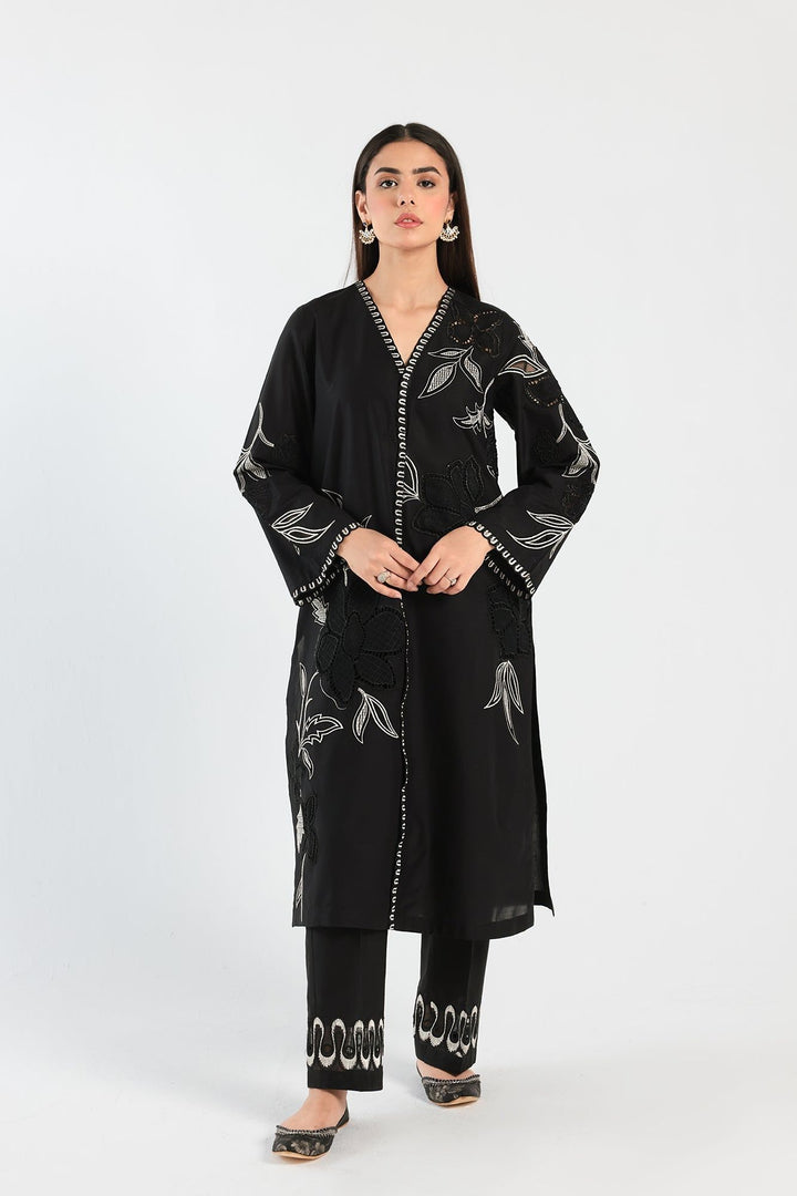Cotton Linen Black Stitched Suit - Ethnic
