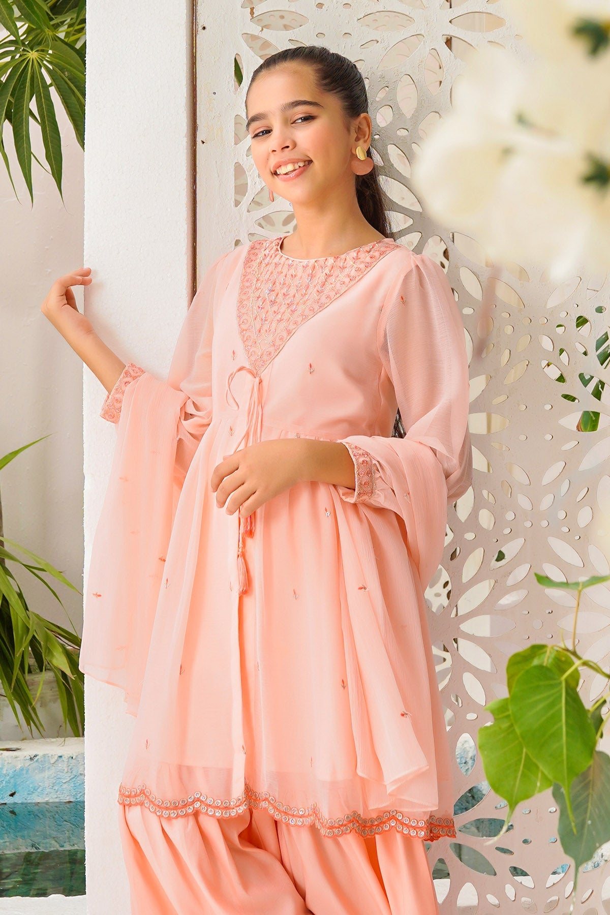 Chiffon Embroidered Peach Stitched Suit - Ochre