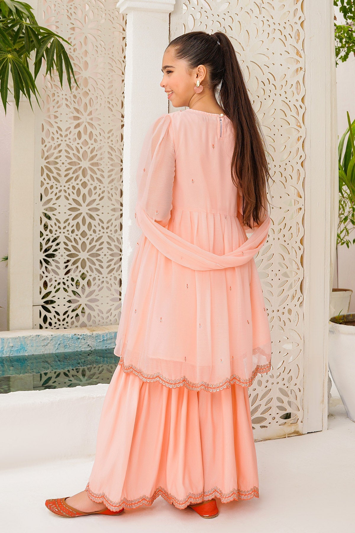 Chiffon Embroidered Peach Stitched Suit - Ochre