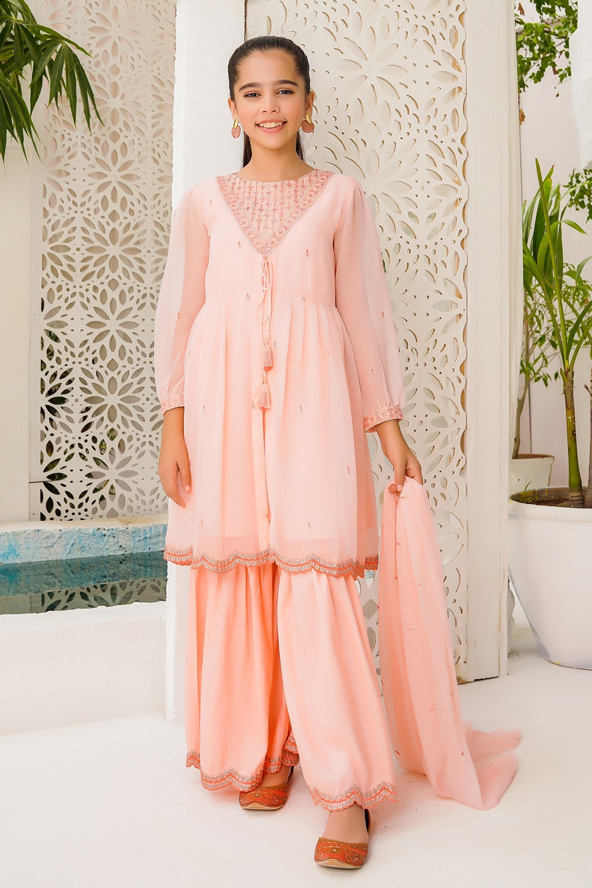 Chiffon Embroidered Peach Stitched Suit - Ochre