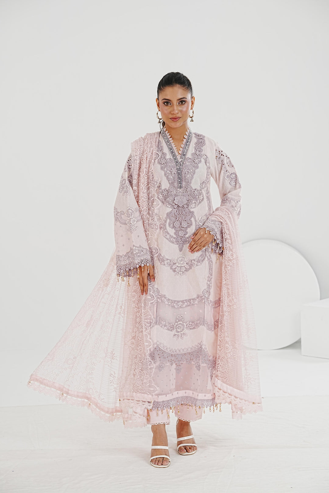 Embroidered Jacquard Lawn Pink Stitched Suit - Maria B