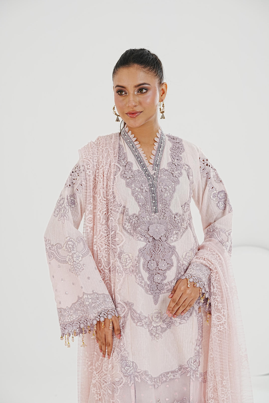 Embroidered Jacquard Lawn Pink Stitched Suit - Maria B