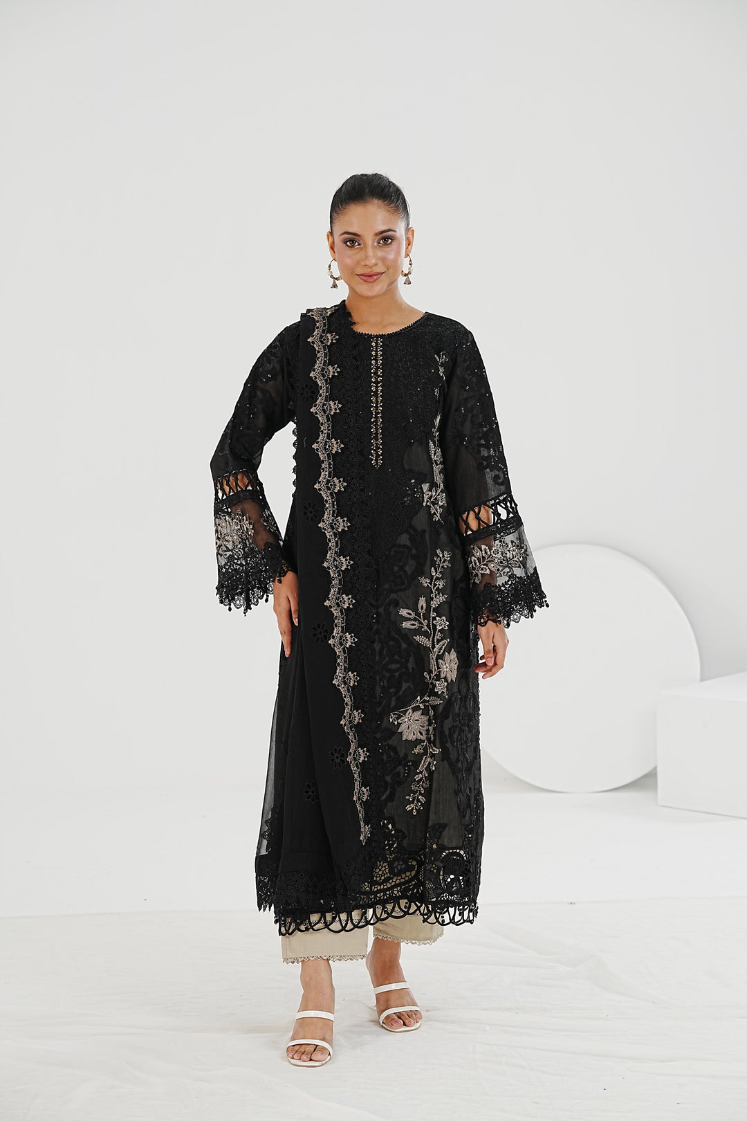 Embroidered Paper Cotton Black Stitched Suit - Maria B