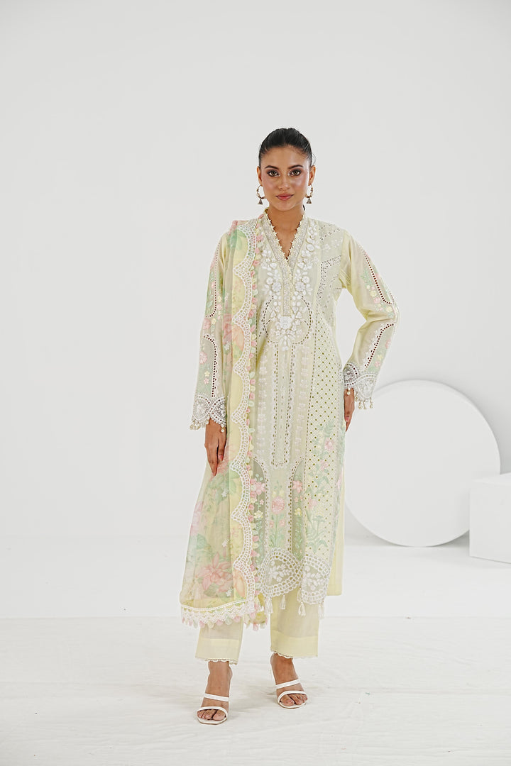 Embroidered Lawn Lemon Stitched Suit - Maria B
