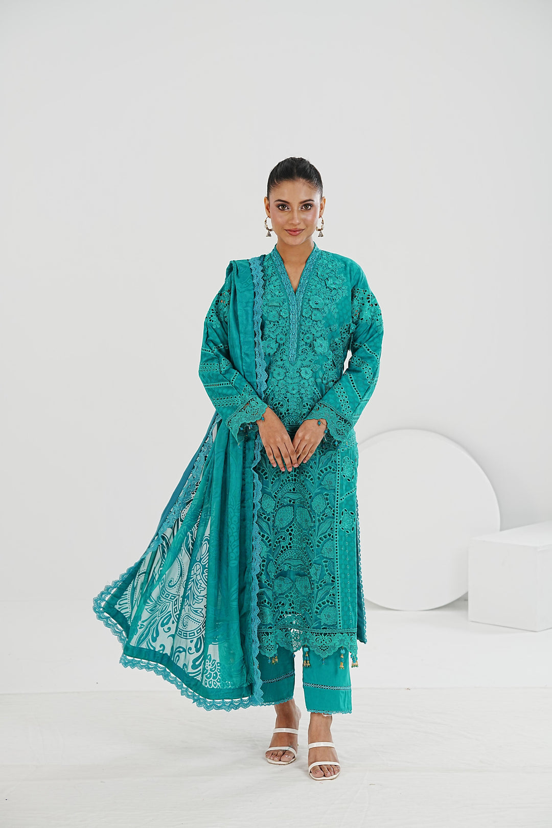 Embroidered Jacquard Lawn Ferozi Stitched Suit - Maria B