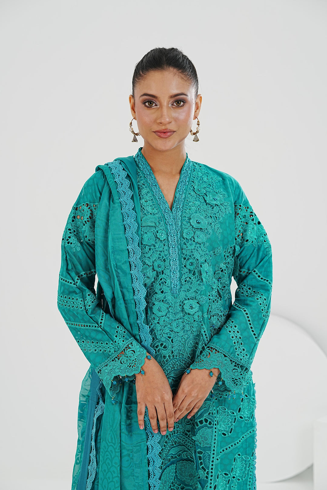 Embroidered Jacquard Lawn Ferozi Stitched Suit - Maria B