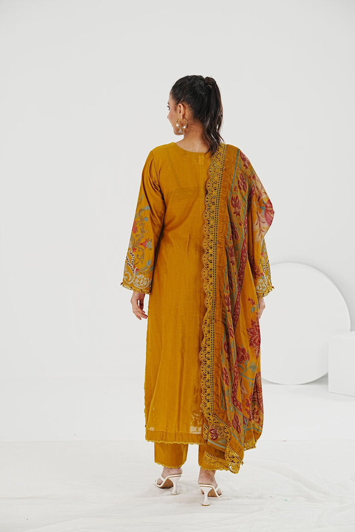 Embroidered Lawn Mustard Stitched Suit - Maria B