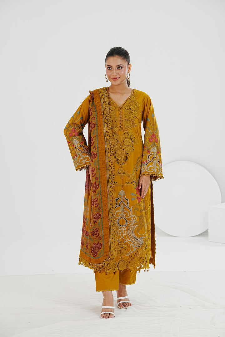 Embroidered Lawn Mustard Stitched Suit - Maria B