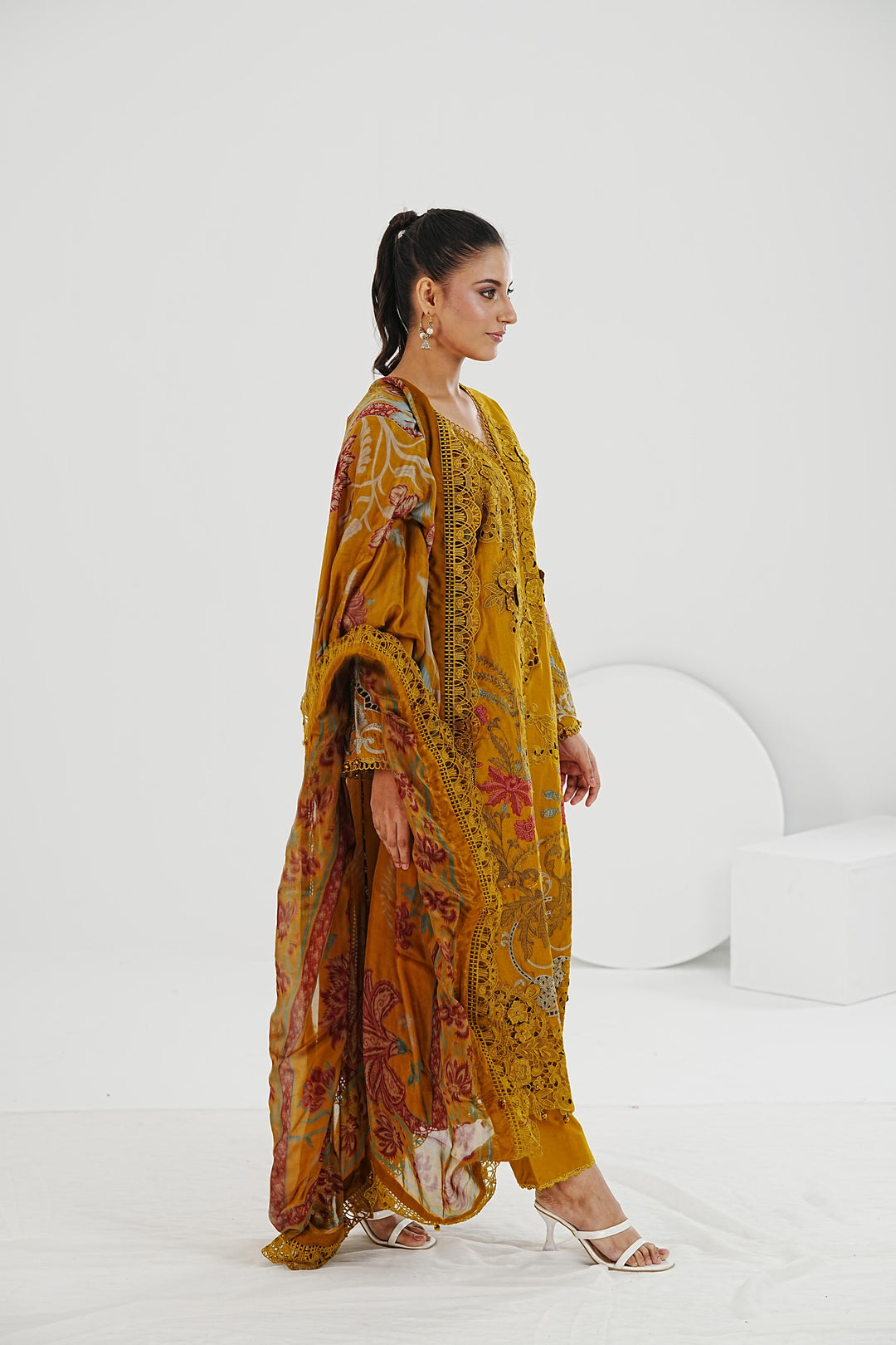 Embroidered Lawn Mustard Stitched Suit - Maria B