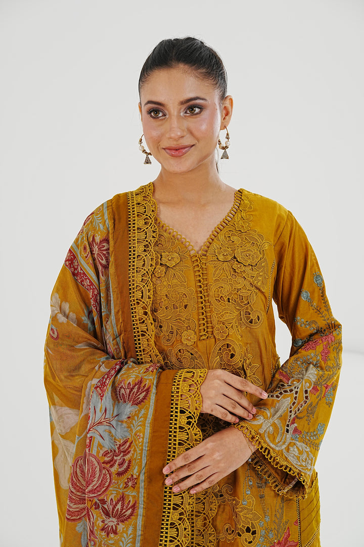 Embroidered Lawn Mustard Stitched Suit - Maria B