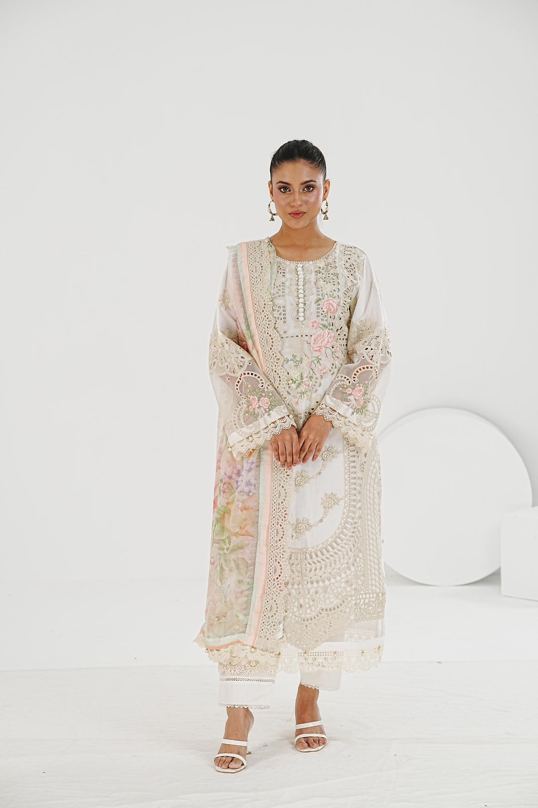 Embroidered Lawn Off White Stitched Suit - Maria B